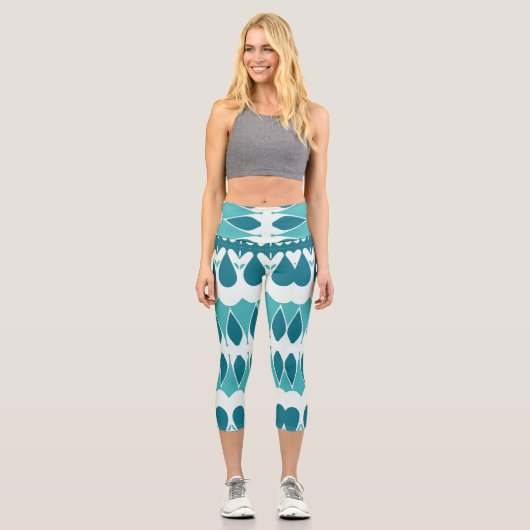 Ein aquamarin-weiß-trendiges Stoffmuster Design Ca Capri Leggings (Vorderseite)