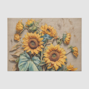Ein Arrangement aus Vintage-Sonnenblumen und -Knos Seidenpapier