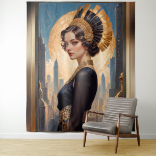 Ein Art Deco Beauty by a Golden Disc by Xzendor7 Wandteppich