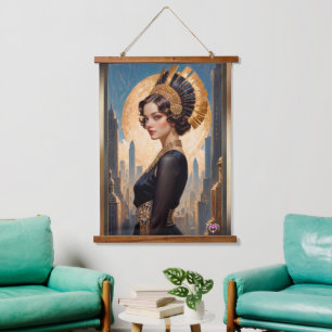 Ein Art Deco Beauty by a Golden Disc by Xzendor7 Wandteppich Mit Holzrahmen