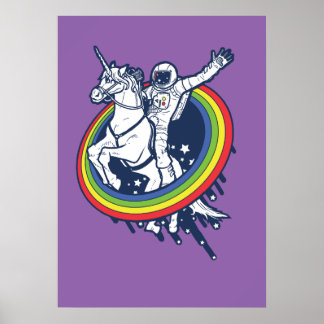 Ein Astronaut, der ein Einhorn durch einen Regenbo Poster