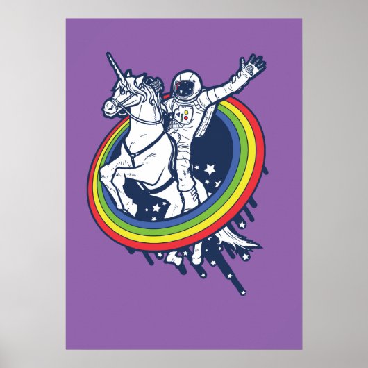 Ein Astronaut, der ein Einhorn durch einen Regenbo Poster (Vorne)