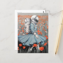ein Astronaut in einem blauen Kleid, der in Pappi  Postkarte