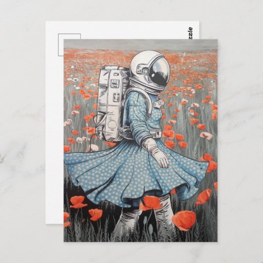 ein Astronaut in einem blauen Kleid, der in Pappi Postkarte (Vorne/Hinten)