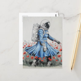 ein Astronaut in einem blauen Kleid, der in Pappi  Postkarte