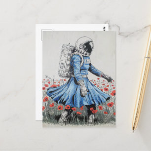 ein Astronaut in einem blauen Kleid, der in Pappi  Postkarte
