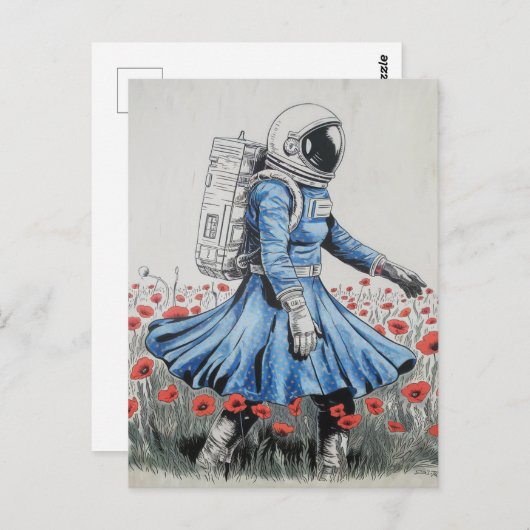 ein Astronaut in einem blauen Kleid, der in Pappi Postkarte (Vorne/Hinten)