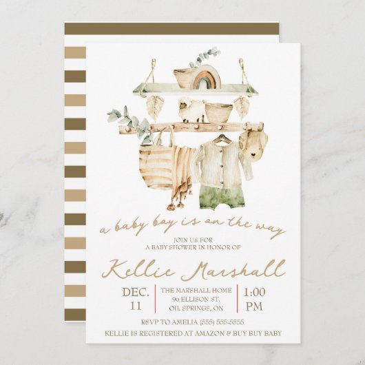 Ein Baby Boy ist unterwegs! Wäscheleine Babydusche Einladung (Vorne/Hinten)