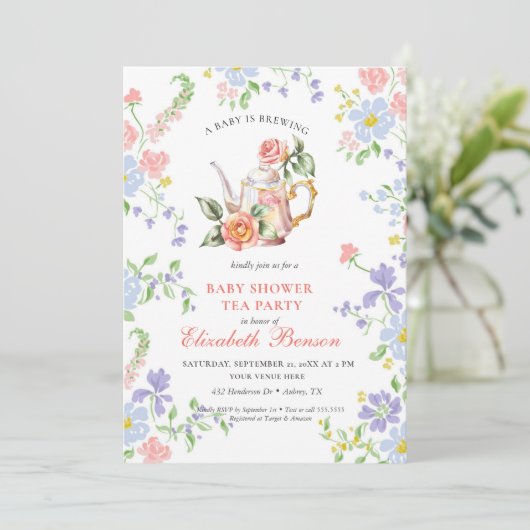 Ein Baby braut Blume Blush Baby Dusche Tee Inv Einladung (Stehend Vorderseite)
