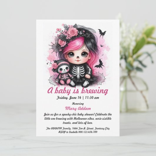 Ein Baby braut rosa Halloween Baby Dusche Einladung (Stehend Vorderseite)