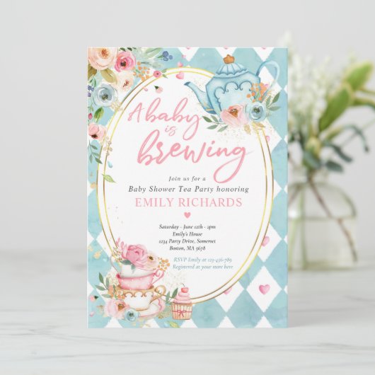 Ein Baby braut Tee Party Babydusche Rosen pink Einladung (Stehend Vorderseite)