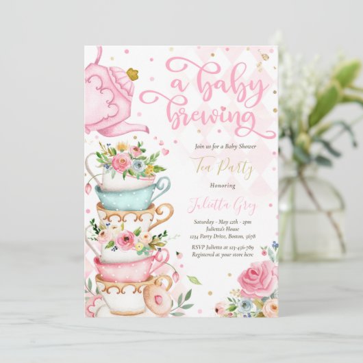 Ein Baby braut Tee Party Babydusche Rosen pink Einladung (Stehend Vorderseite)