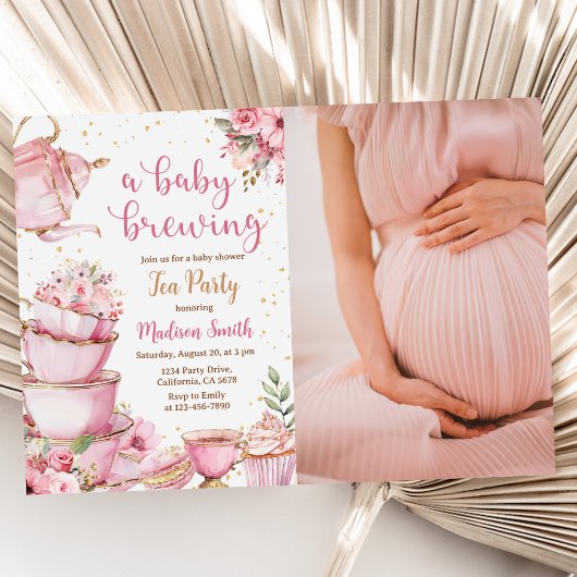 Ein Baby Brewing Tee Party Floral Baby Dusche Foto Einladung
