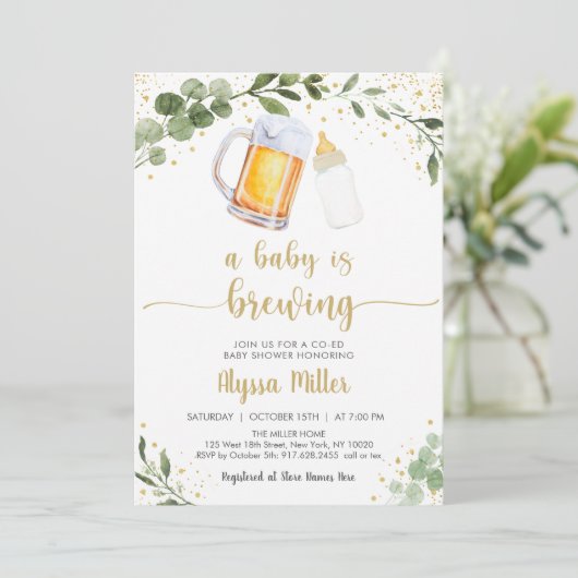 Ein Baby brütet Grünpflanzen Gold Baby Dusche Einladung (Stehend Vorderseite)