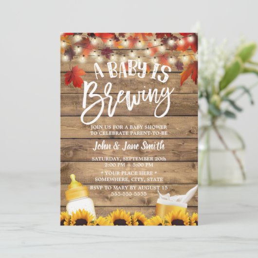 Ein Baby brütet rustikale Herbstleaves Babydusche Einladung (Stehend Vorderseite)