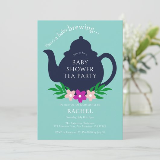 Ein Baby brütet Tea Party Baby Dusche Einladung (Stehend Vorderseite)