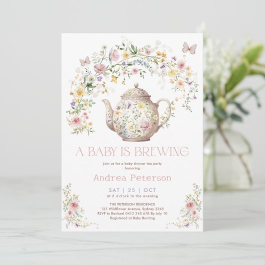Ein Baby brütet Wildblume Tea Party Babydusche Einladung (Stehend Vorderseite)