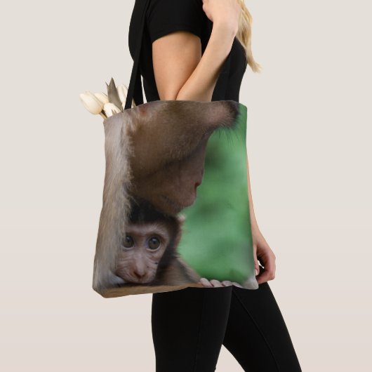 Ein Baby-Macaque und es sind Mutter Tasche (Von Nahem)