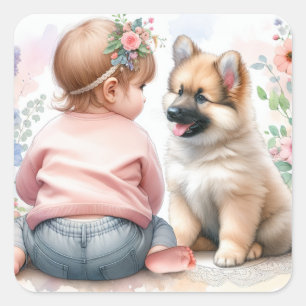 Ein Baby Mädchen und ihre Puppy Pink Babydusche Quadratischer Aufkleber