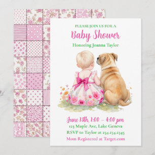 Ein Baby und ihr Hund   Rosa Babyparty für Mädchen Einladung
