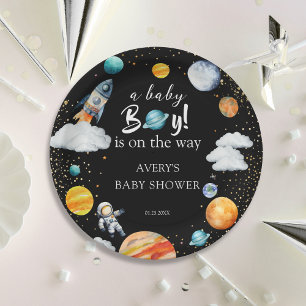 Ein Babyboy ist unterwegs Weltraum-Baby-Party Pappteller