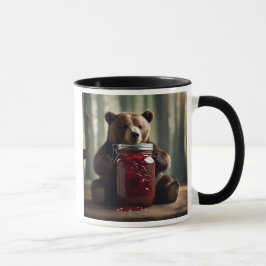 Ein Bär sitzt vor einem Glas Marmelade. Tasse
