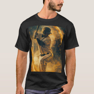 Ein Baseballspieler im Mittelschwung. Er ist umgeb T-Shirt