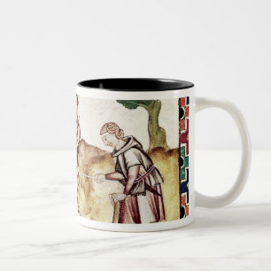 Ein Bauer, der seinen Sohn unterrichtet, ein Feld Zweifarbige Tasse