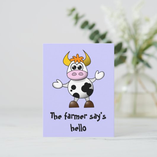Ein Bauer sagt Hello Funny Cartoon Cow Postkarte (Stehend Vorderseite)