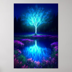 Ein Baum in Blau mitten in der Nacht Poster