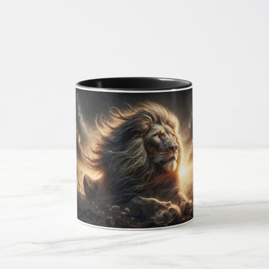 Ein beeindruckender Löwe regiert die Savanne. Tasse (Zentrum)