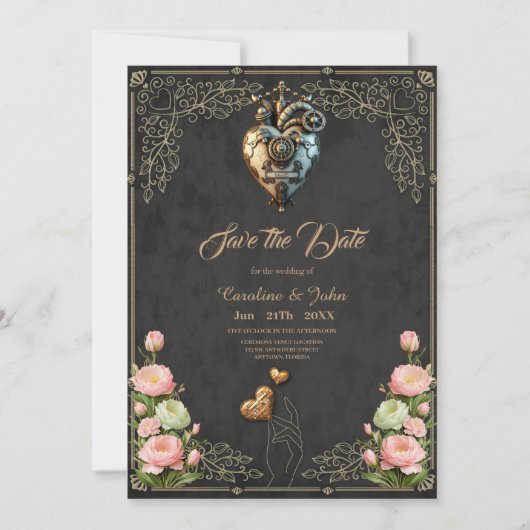 Ein beeindruckendes Steampunkherz Save The Date (Vorderseite)