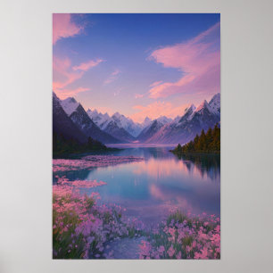 Ein Bergsee und ein rosa Himmel Poster