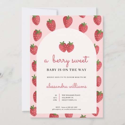 Ein Berry Sweet Baby ist auf dem Weg zur Babydusch Einladung (Vorderseite)