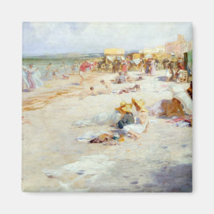 Ein beschäftigter Strand im Sommer Magnet