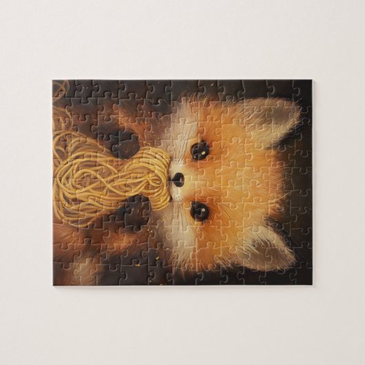 Ein bezaubernder Baby-Rotfuchs, der Spaghetti isst Puzzle (Horizontal)