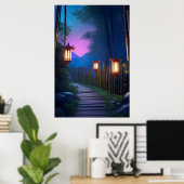 Ein bezaubernder Holzweg, beleuchtet durch Lantern Poster (Heimbüro)