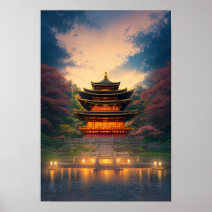 Ein bezaubernder japanischer Tempel bei Sonnenunte Poster