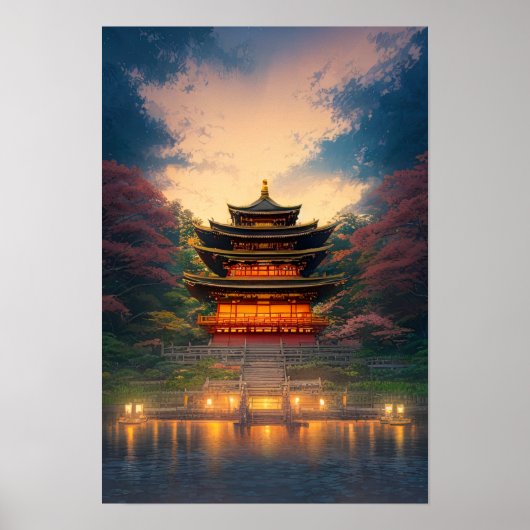 Ein bezaubernder japanischer Tempel bei Sonnenunte Poster (Vorne)