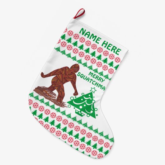 Ein Bigfoot gehender fröhlicher Squatchmas Großer Weihnachtsstrumpf (Vorderansicht (hängend))