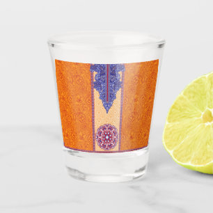 ein Bild eines orangen und blauen Musters Schnapsglas