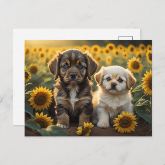 Ein Bild von zwei Welpen auf dem Feld der Sonnenbl Postkarte (Vorne/Hinten)