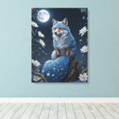 ein blau-weißer Fuchs mit Blume und Mond Leinwanddruck (Insitu (Holzboden))