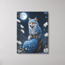 ein blau-weißer Fuchs mit Blume und Mond