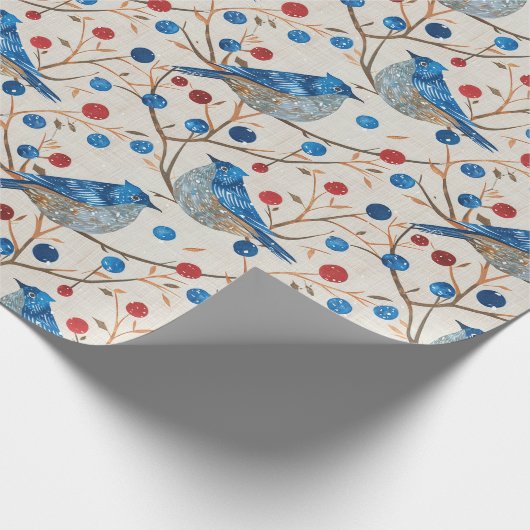 Ein blauer Vogel sitzt auf einem Zweig mit roten B Geschenkpapier (Ecke)