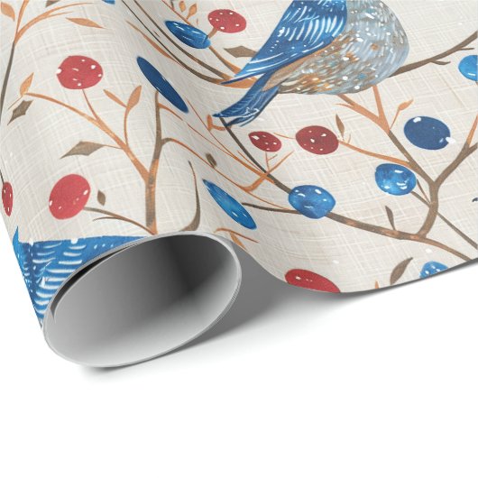 Ein blauer Vogel sitzt auf einem Zweig mit roten B Geschenkpapier (Rolleneckpunkt)