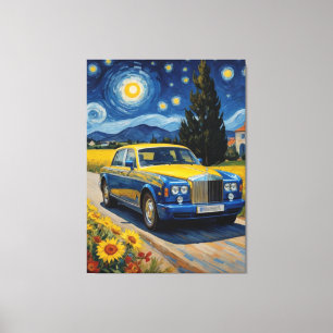 ein blaues Auto auf einer Straße mit Sonnenblumen Leinwanddruck