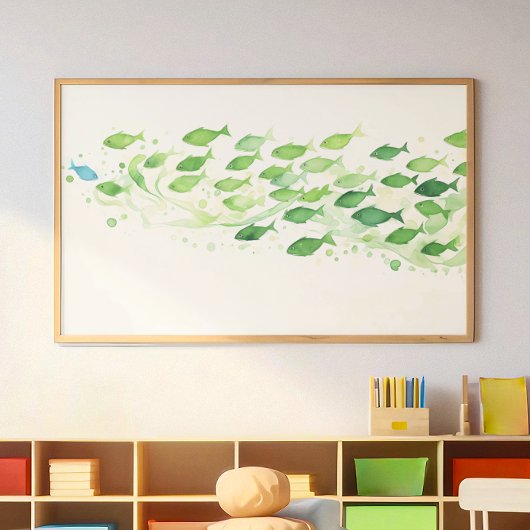 Ein blaues Fisch Aquarell grün Poster