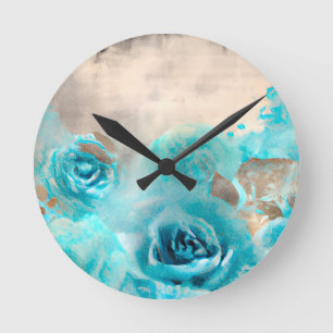Ein blaues Shabby Chic Ephemera Design Serie 7 Runde Wanduhr
