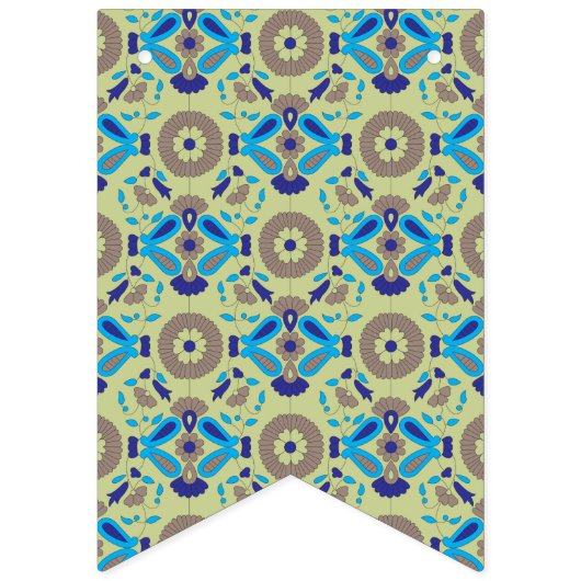 ein blaues und grünes Muster auf grünem Hintergrun Wimpelkette (Erste Fahne)